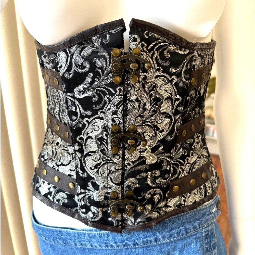 Burleska Victorian Steel Boned Underbust Corset Size 24 Silver Brocade Goth